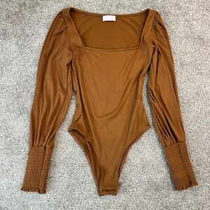 Pink Lily Caramel Ribbed Long Sleeve Bodysuit - Size Extra Small